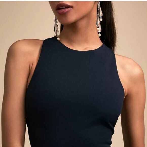 BHLDN Klara Crepe Maxi Dress Gown Sz 6 Navy Blue Halter Crisscross Bridesmaid - Picture 2 of 13